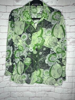 Elementz Sheer Floral Button Down Blouse Size L Green Black Retro Mod Boho
